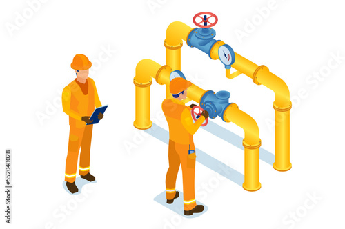 Isometric vector of a gas industry maintenance men opening or closing pipeline valve.