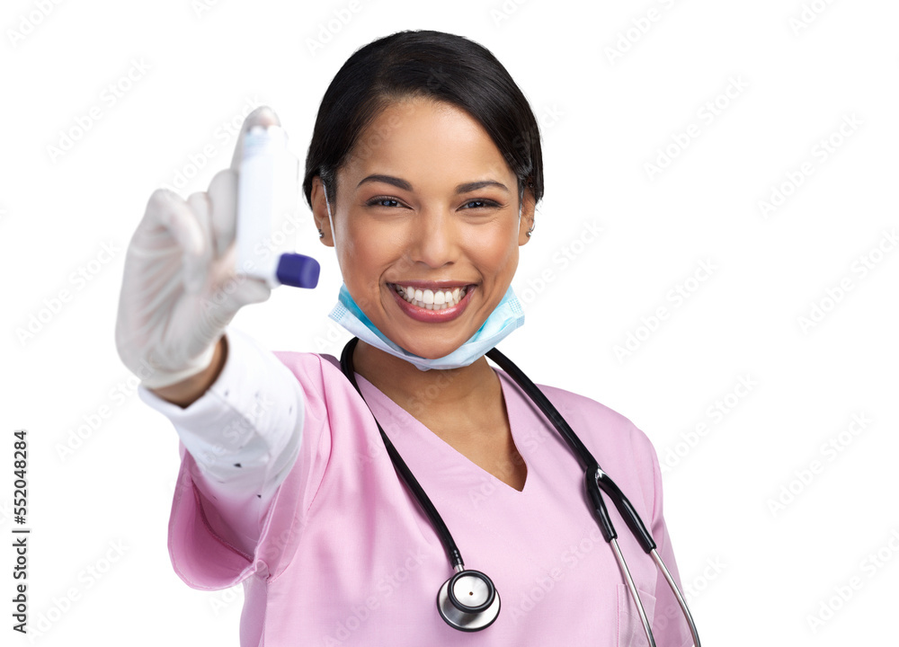 PNG cropped portrait of an attractive young female healthcare working holding up an asthma pump in studio. PNG cropped portrait of an attractive young female healthcare working holding up an asthma pump in studio.