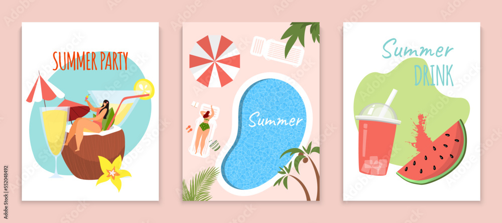 Summer time poster card set, vector illustration, flat tiny girl character sit coconut coktail party, woman layin near swimming pool, tropical holiday.