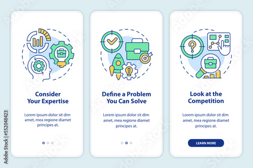 Develop and fine-tune business idea tips onboarding mobile app screen. Walkthrough 3 steps editable graphic instructions with linear concepts. UI, UX, GUI template. Myriad Pro-Bold, Regular fonts used photo