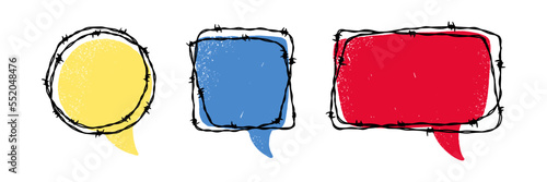 Set of textured speech bubbles with barbed wire. Hand drawn vector illustration. Design element for military, security, prison, slavery concepts