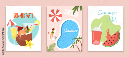Summer time poster card set, vector illustration, flat tiny girl character sit coconut coktail party, woman layin near swimming pool, tropical holiday.