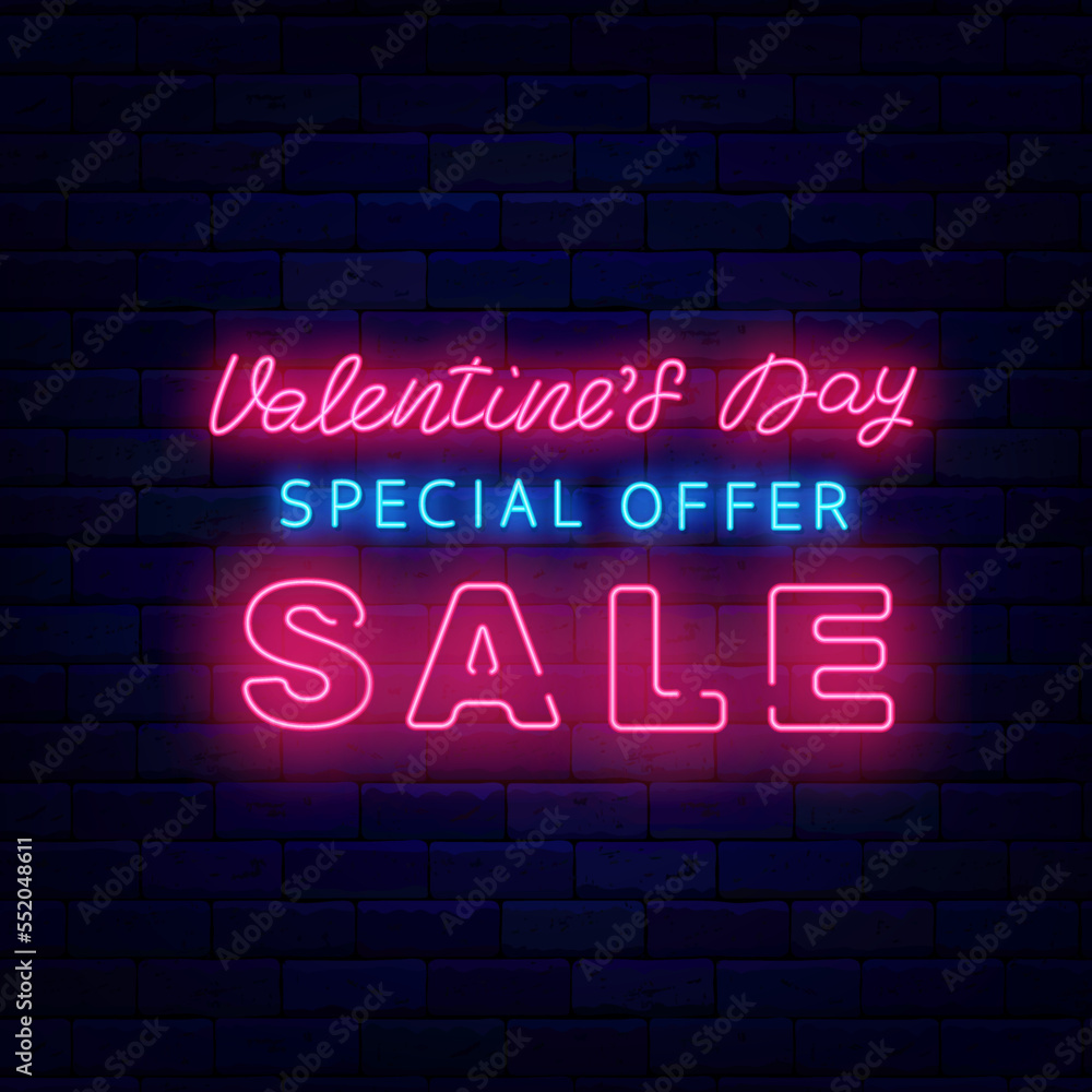 Valentines Day Sale neon emblem. Special offer emblem. Banner on brick wall. Discount shopping. Vector illustration
