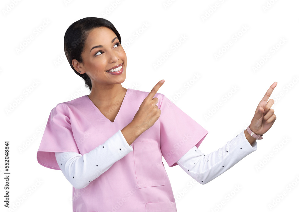 PNG cropped shot of an attractive young female healthcare worker pointing towards copyspace in studio. PNG cropped shot of an attractive young female healthcare worker pointing towards copyspace in studio.