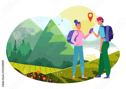 Adventure trip concept, vector illustration, flat couple man woman character travel together at summer vacation holiday, people hold smartphone