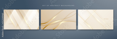 Abstract golden background with white and beige luxury glitter shapes. Golden lines luxury on cream color background. Gold elegant realistic paper cut style 3d. Vector illustration