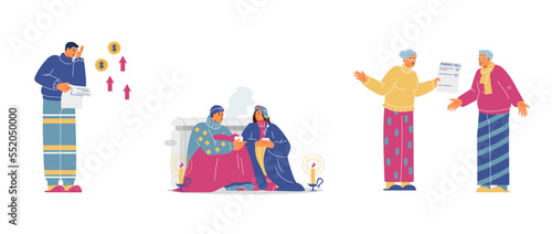Energy crisis consequences concept vector illustrations set. Rising costs of living. People freezing, receiving enormous energy bills. photo