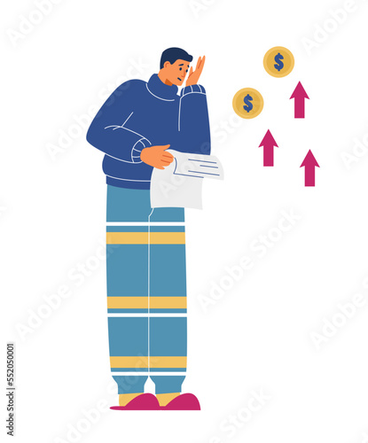 Man in shock holding enormous bill vector illustration. Rising costs of living concept.