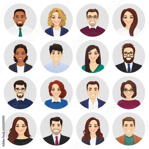 Smiling diversity people in different business clothes avatar set. Men and women, male and female characters collection. Isolated vector illustration.