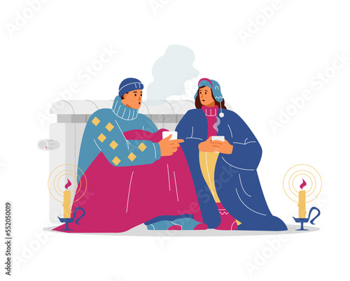 Couple freezing at home economizing warmth vector illustration. Energy crisis consequences concept.