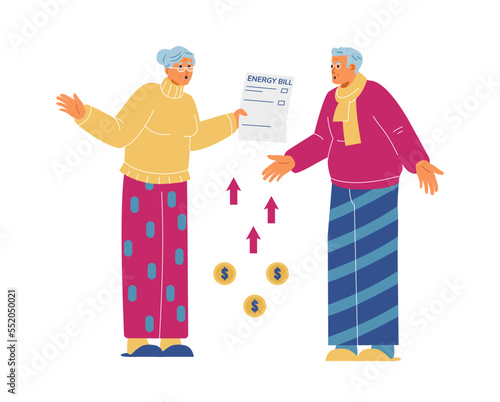 Elderly couple upset holding enormous energy bill vector illustration. Energy crisis consequences concept.