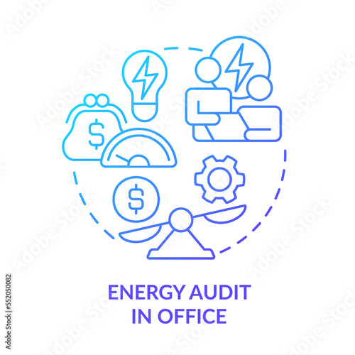 Energy audit in office blue gradient concept icon. Reduce power consumption. Sustainable corporate culture abstract idea thin line illustration. Isolated outline drawing. Myriad Pro-Bold font used