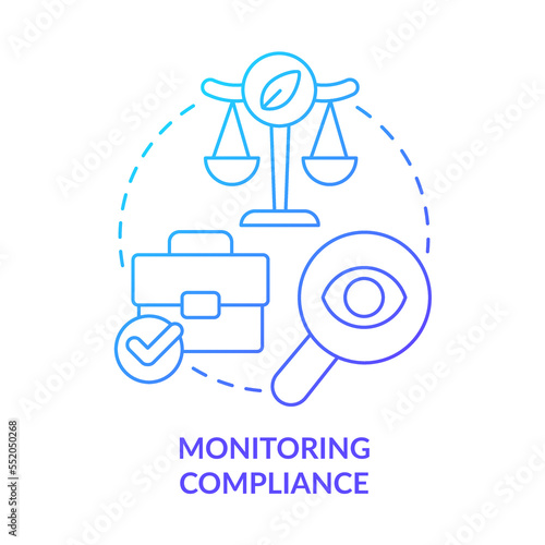 Monitoring compliance blue gradient concept icon. Business eco-audit. Green entrepreneurship. Ecological law abstract idea thin line illustration. Isolated outline drawing. Myriad Pro-Bold font used