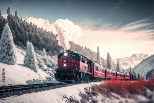 Generative AI : a red colored train passing through snow-covered Alps in Switzerland	
 photo