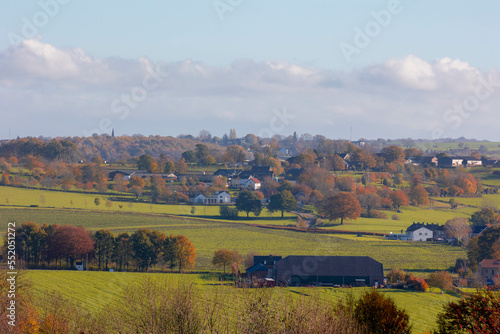 Autumn landscape of hilly countryside in Zuid-Limburg, Small houses on hillside with sunlight in the morning, Gulpen-Wittem is a villages in southern part of the Dutch province of Limburg, Netherlands
