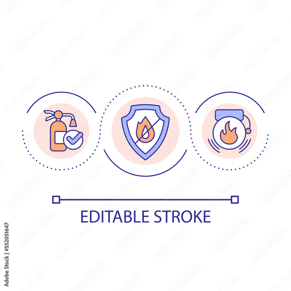 Prevent fire hazards loop concept icon. Avoid accidents in workplace. Staff training. Flame protection abstract idea thin line illustration. Isolated outline drawing. Editable stroke. Arial font used Prevent fire hazards loop concept icon. Avoid accidents in workplace. Staff training. Flame protection abstract idea thin line illustration. Isolated outline drawing. Editable stroke. Arial font used