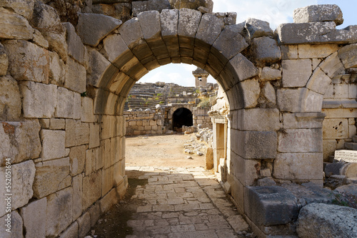 Ancient city of Xanthos in turkey. Stone columns with decoration and decor. Ruins of ancient Greek civilization  stone objects of culture and art.