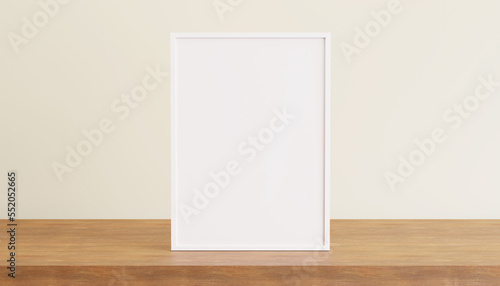 Vertical frame for mock up. frame poster on wooden floor with white wall. 3D rendering.