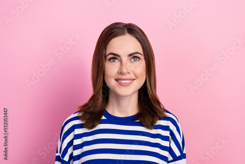 Close up photo of cute cheerful lady wear stylish sweatshirt eyes look up empty space low prices clothes isolated on pink color background © deagreez