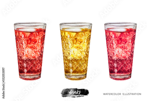 Watercolor illustration set of apple, strawberry, raspberry wine in a glass isolated on white background. German wine in a glass for cider. photo