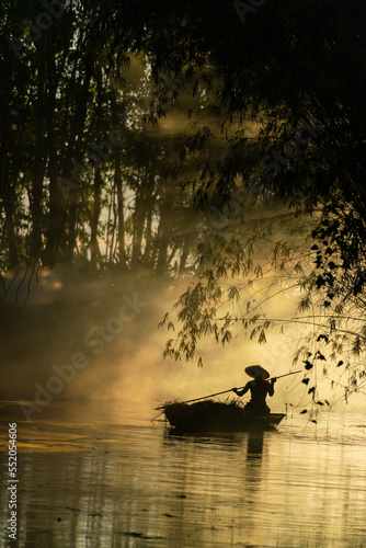 Photo of a local asian old man male boatman wearing conical hat rowing a small wooden boat across a small river during sunset time in a bamboo forest to deliver some dry grasses as animal feeds. 