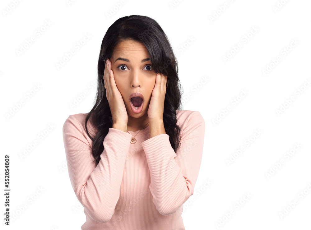 PNG of a beautiful young woman looking shocked while standing PNG of a beautiful young woman looking shocked while standing