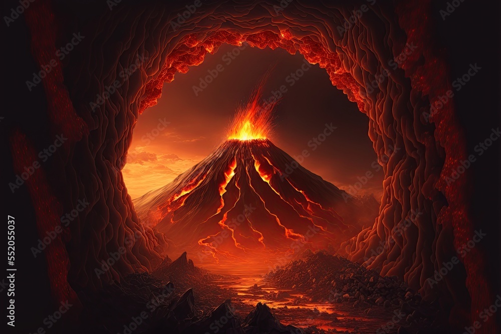 A scene of devastation with a volcano erupting and molten lava running through a desolated
