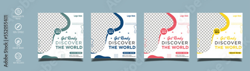 Holiday travel, traveling or summer beach travelling social media post or web banner template design. Tourism business marketing flyer or poster with abstract digital background, logo and icon.