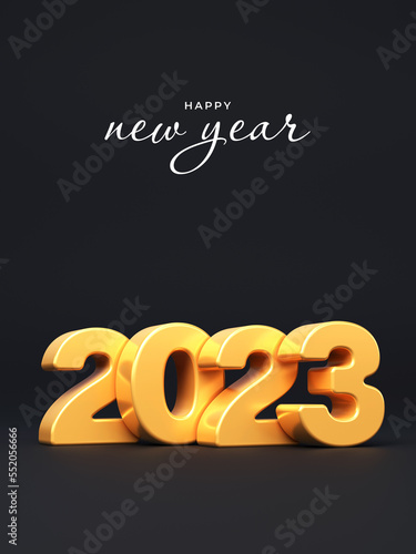 2023 happy new year. Banner with golden numbers on a dark background.