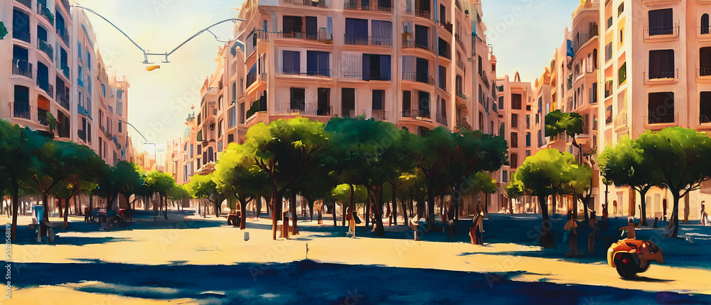 Street view of Barcelona City, Spain, Abstract water color painting. Urban illustration