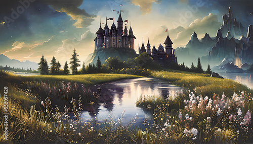 Castle illustration on the meadow landscape.