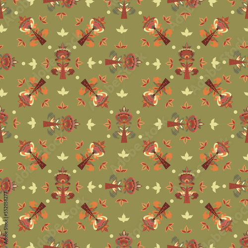 Slavic seamless folklore pattern. Bohemian botanical wallpaper design. Ornamental russian design on green background.