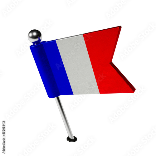 The flag of France. Board pin in the shape of a flag. The flag is tilted to the left. 3D Render.