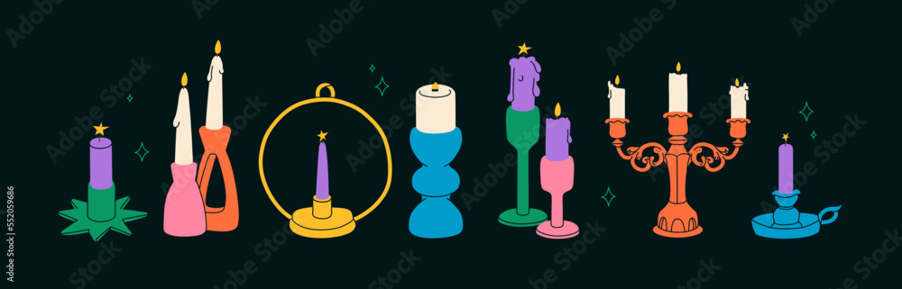 Obraz premium Various candlesticks for celebration decoration. Festive flickers or lights for Christmas holidays. Colourful candles and holders in trendy flat cartoon style. All items are isolated