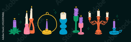 Various candlesticks for celebration decoration. Festive flickers or lights for Christmas holidays. Colourful candles and holders in trendy flat cartoon style. All items are isolated