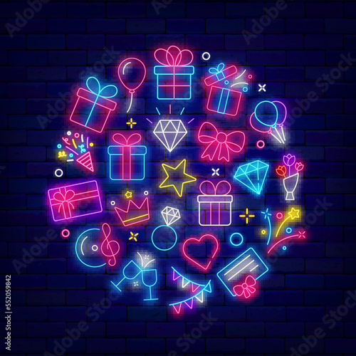 Romantic circle layout with shiny icons. Happy Valentines Day neon signboard. Vector stock illustration