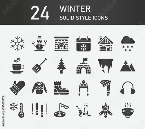 Winter solid icon collection, contains such icons as winter activity, snowflake, weather and winter clothing. Winter silhouette icons collection, Simple web icons set. Editable stroke Icons.