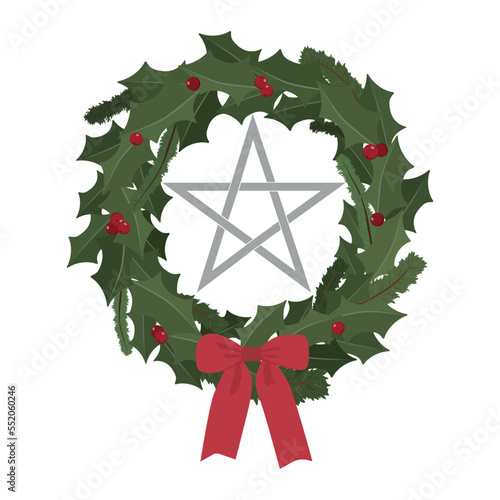 Creepy Christmas wreath with pentagram and bow. Vector illustration. Isolated on white background. Holiday greeting card template. Hand drawn style vector illustration.