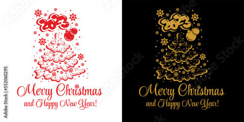 Universal artistic header for corporate Christmas holiday cards and invitations. Vector illustration on transparent and dark background