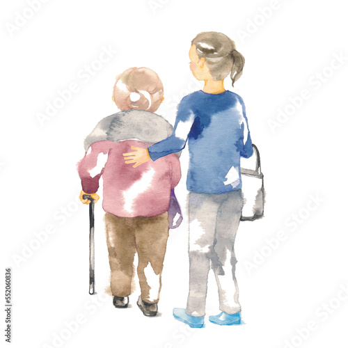 杖をついて歩く高齢女性と付き添う女性