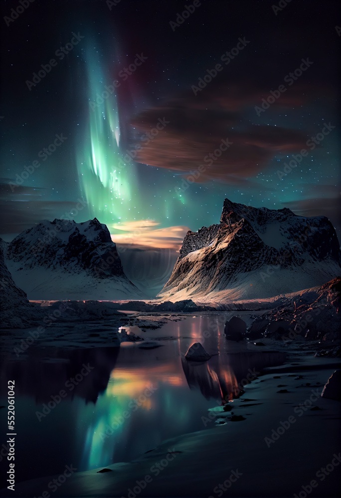 A winter scene with beautiful green and red northern lights dancing over a calm lake with mountains in the background.