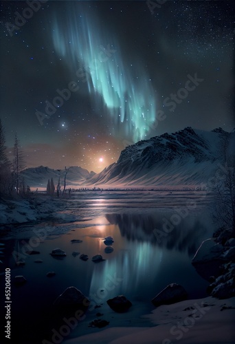 A winter scene with beautiful green and red northern lights dancing over a calm lake with mountains in the background. 