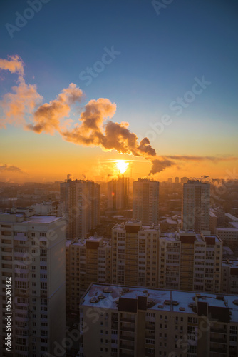 Winter frosty morning - view from the window the city of Samara