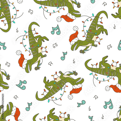 Musical Karaoke Christmas T-Rex Dinosaur Vector Seamless Pattern