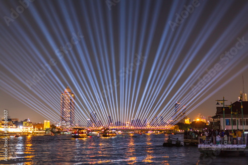 Photography Phra Phuttha Yodfa Bridge or Memorial Bridge light up with fireworks event show