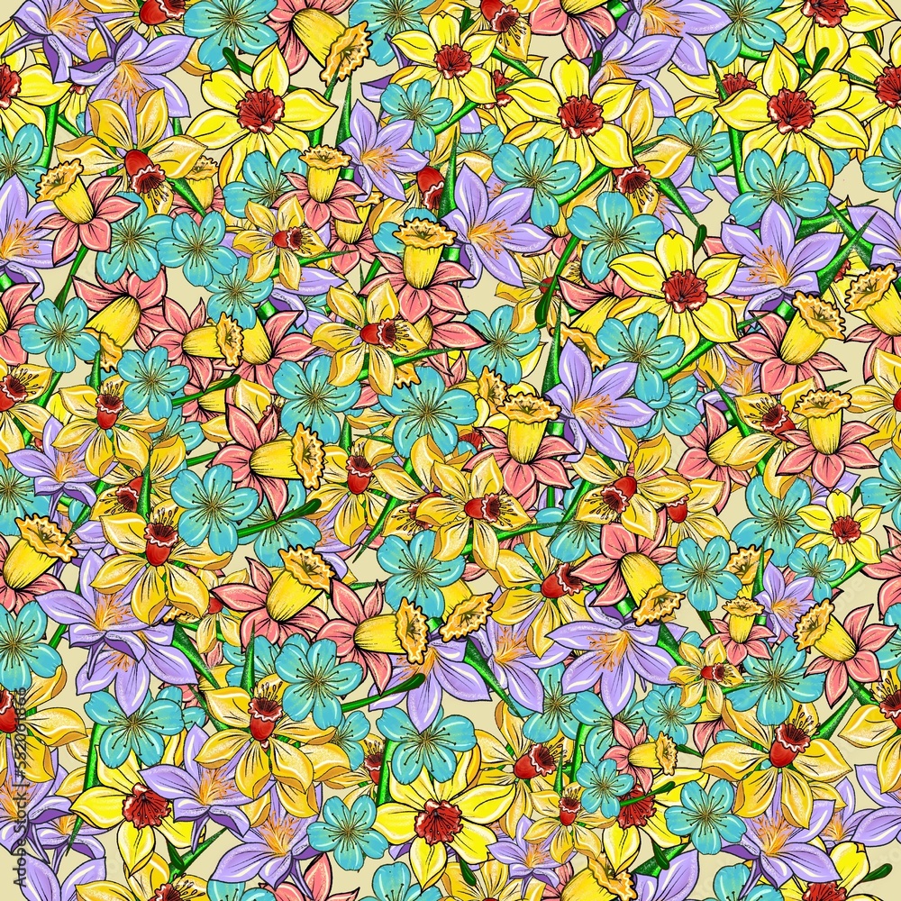 
Spring flowers daffodils crocus background seamless, hand drawn. Bright botanical texture with flowers print for fabric, paper, wallpaper