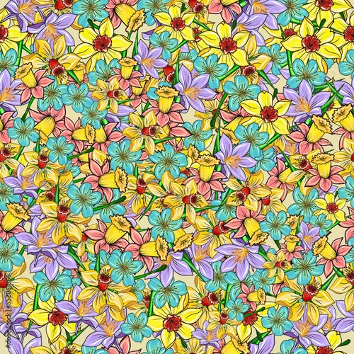  Spring flowers daffodils crocus background seamless  hand drawn. Bright botanical texture with flowers print for fabric  paper  wallpaper