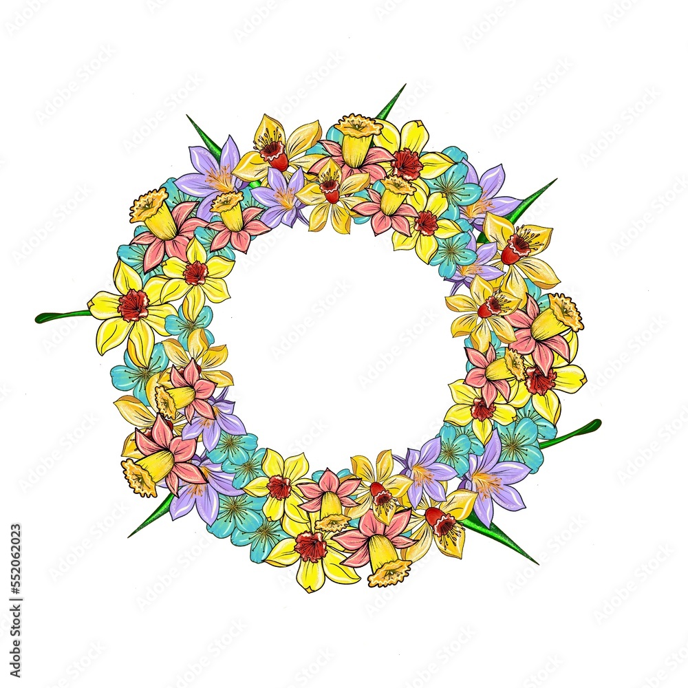 Spring floral wreath of daffodils and crocuses, hand drawn, copy space. Easter floral wreath, round floral frame for text