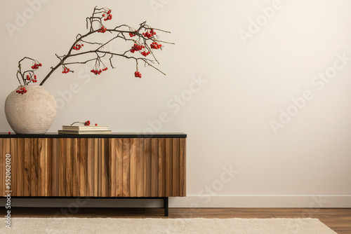 Asthetic composition of japandi living room interior with copy space, wooden sideboard, round vase with red rowan, books, bright carpet, white wall and personal accessories. Home decor. Template. photo