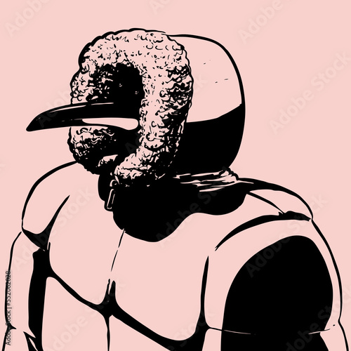 	
Brush ink illustration of penguin in a puffa jacket with furry hood.